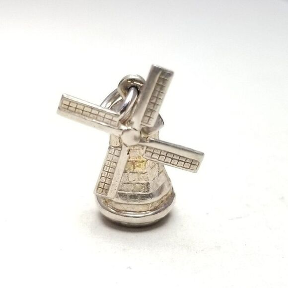 Vintage Windmill Charm Pendant, Silver Tone Unmarked Hollow, Moving Parts - Picture 1 of 6